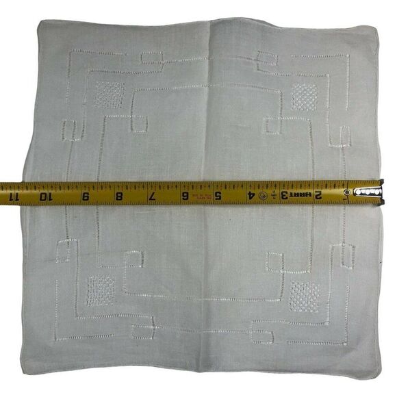 Vintage White Handkerchief Hanky With Geometric Stitching Dresser Scarf Pocket - Picture 5 of 5